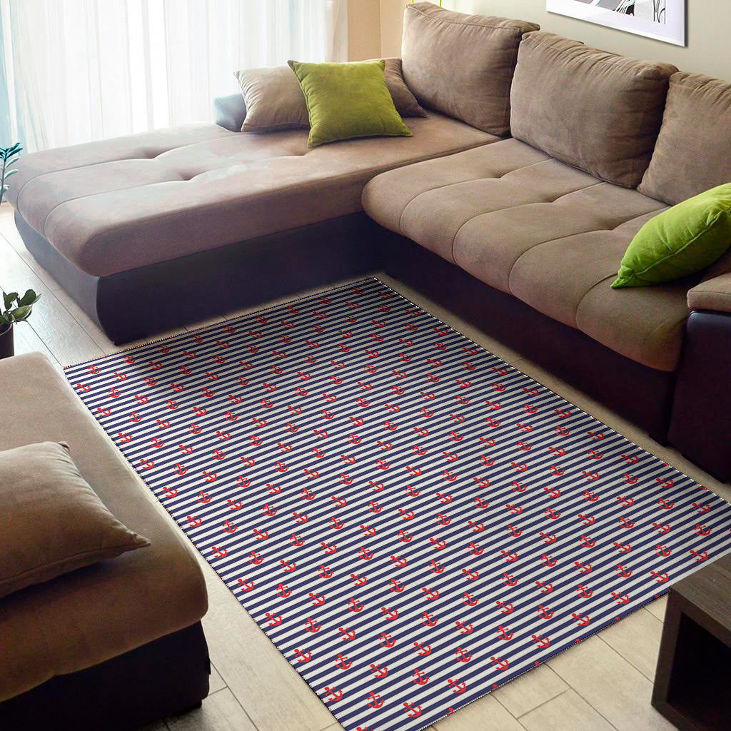 Blue Striped Nautical Anchor Print Area Rug