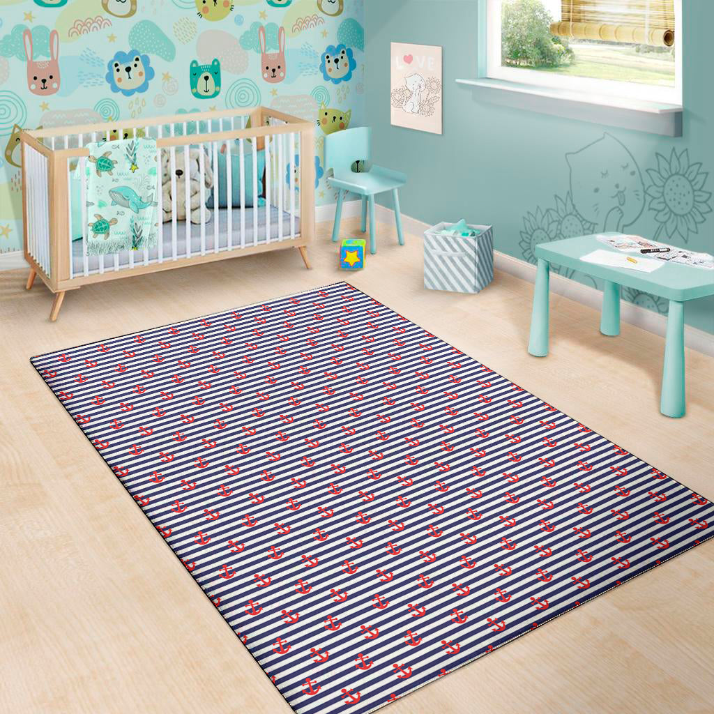 Blue Striped Nautical Anchor Print Area Rug