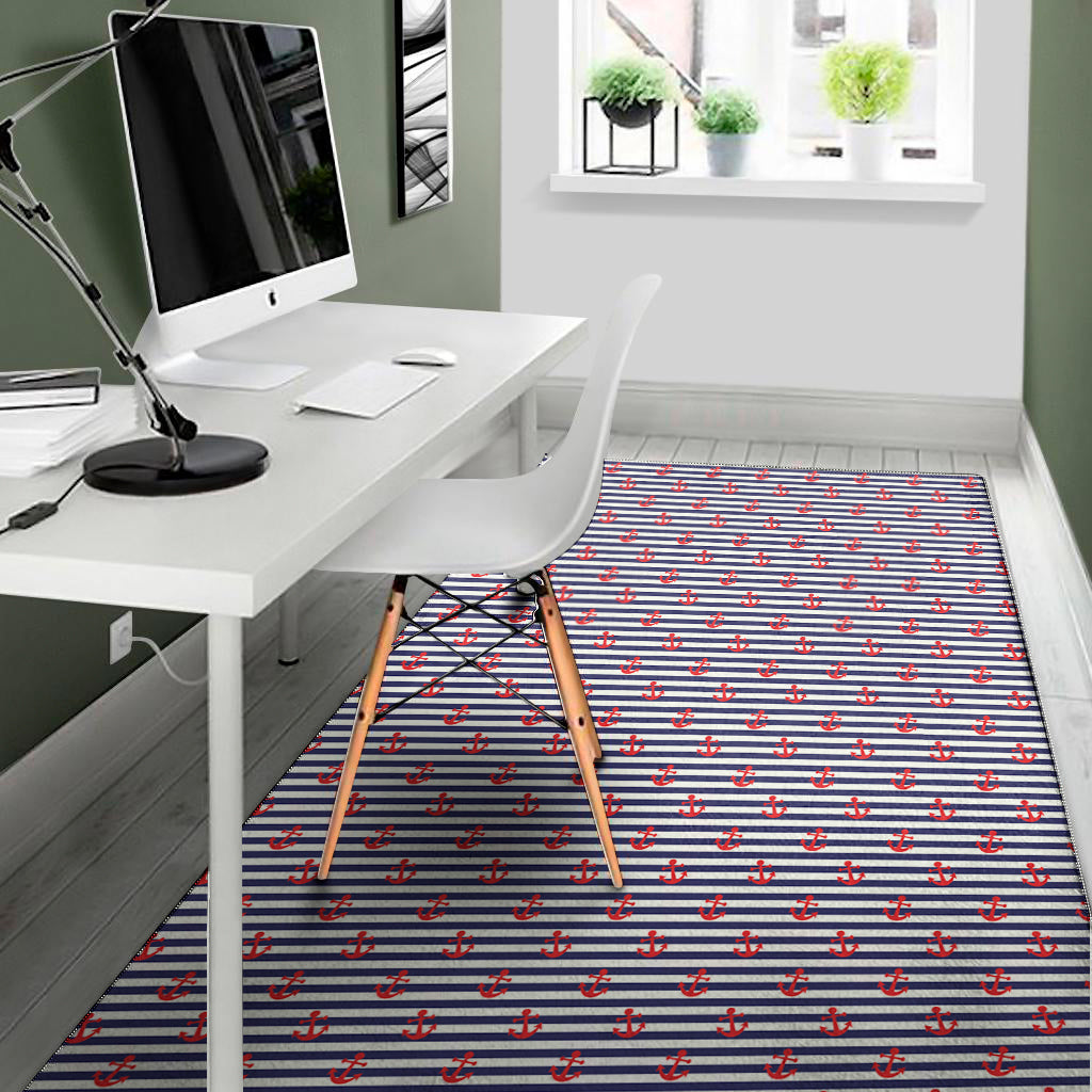 Blue Striped Nautical Anchor Print Area Rug