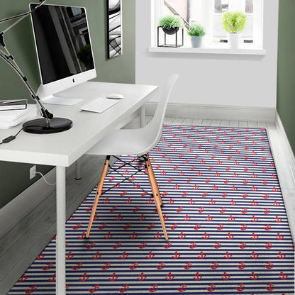 Blue Striped Nautical Anchor Print Area Rug