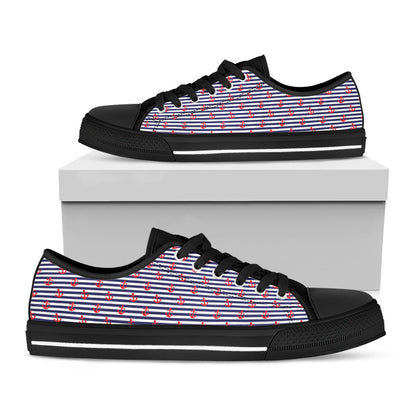Blue Striped Nautical Anchor Print Black Low Top Shoes