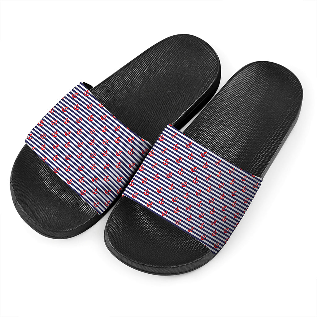 Blue Striped Nautical Anchor Print Black Slide Sandals