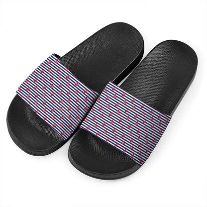 Blue Striped Nautical Anchor Print Black Slide Sandals