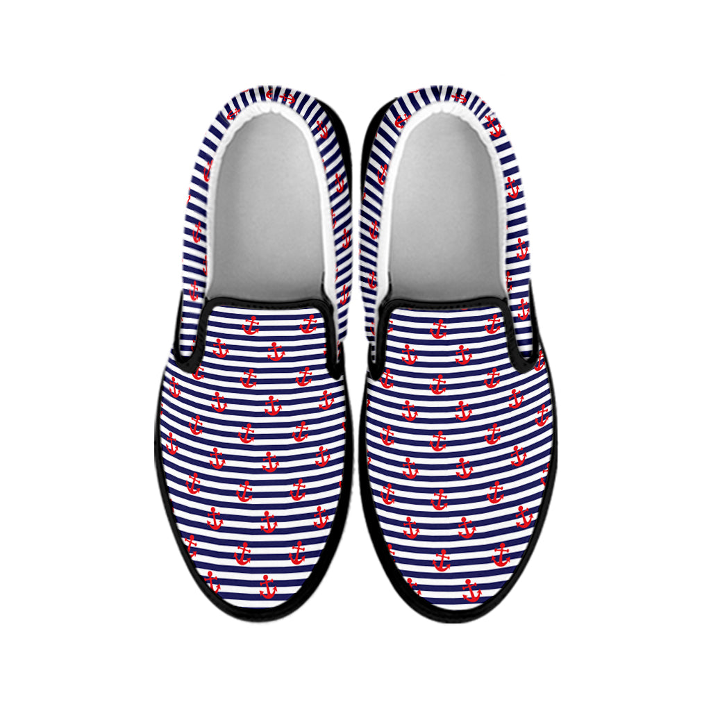 Blue Striped Nautical Anchor Print Black Slip On Shoes