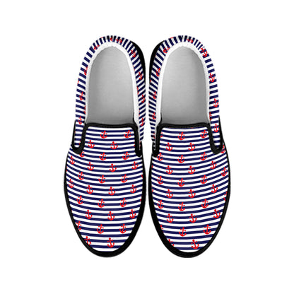 Blue Striped Nautical Anchor Print Black Slip On Shoes