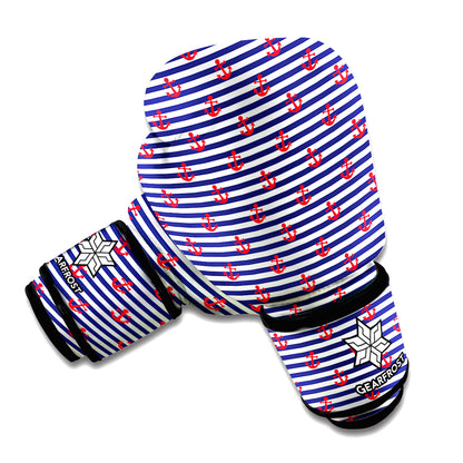 Blue Striped Nautical Anchor Print Boxing Gloves