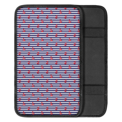 Blue Striped Nautical Anchor Print Car Center Console Cover