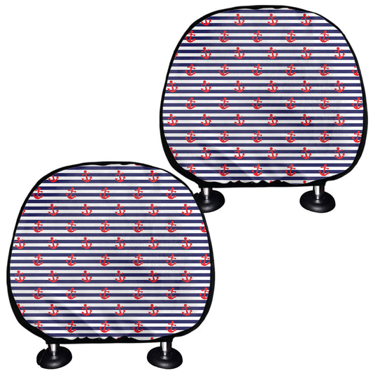 Blue Striped Nautical Anchor Print Car Headrest Covers