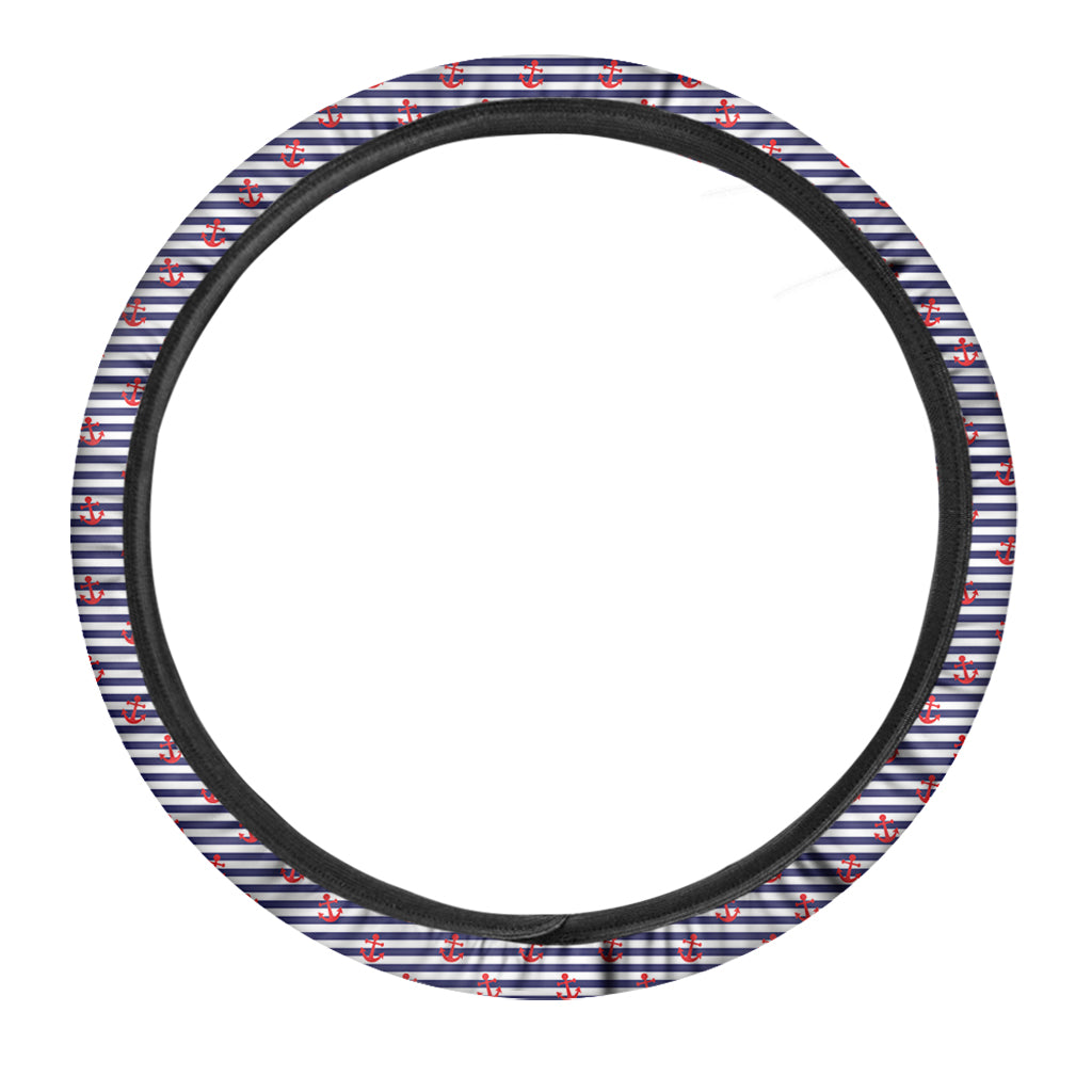 Blue Striped Nautical Anchor Print Car Steering Wheel Cover