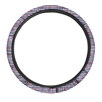 Blue Striped Nautical Anchor Print Car Steering Wheel Cover