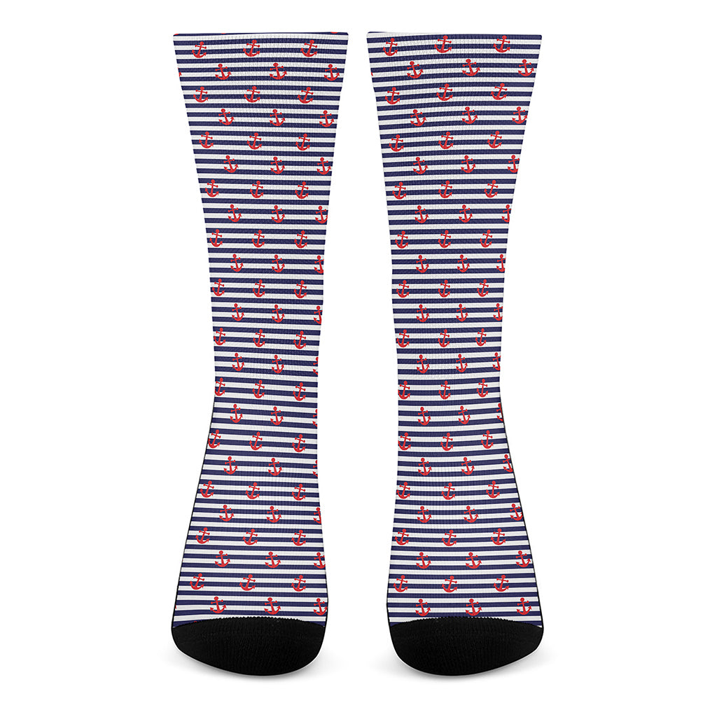 Blue Striped Nautical Anchor Print Crew Socks