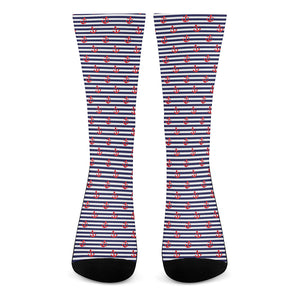 Blue Striped Nautical Anchor Print Crew Socks