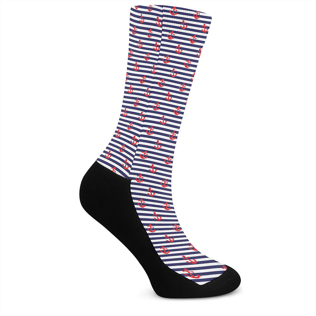 Blue Striped Nautical Anchor Print Crew Socks