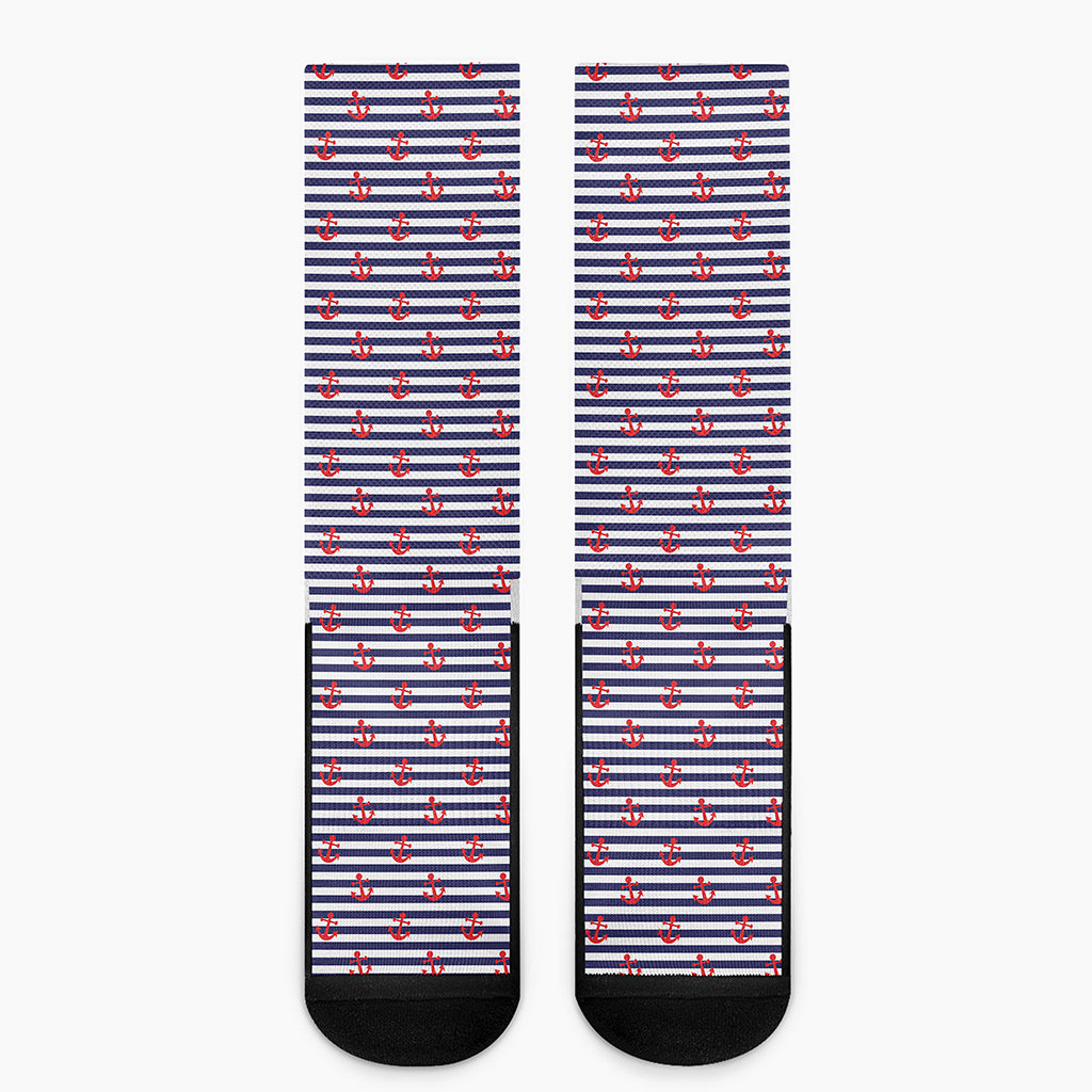 Blue Striped Nautical Anchor Print Crew Socks