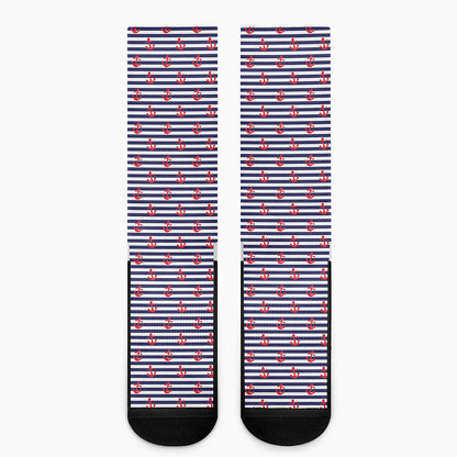 Blue Striped Nautical Anchor Print Crew Socks