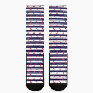 Blue Striped Nautical Anchor Print Crew Socks