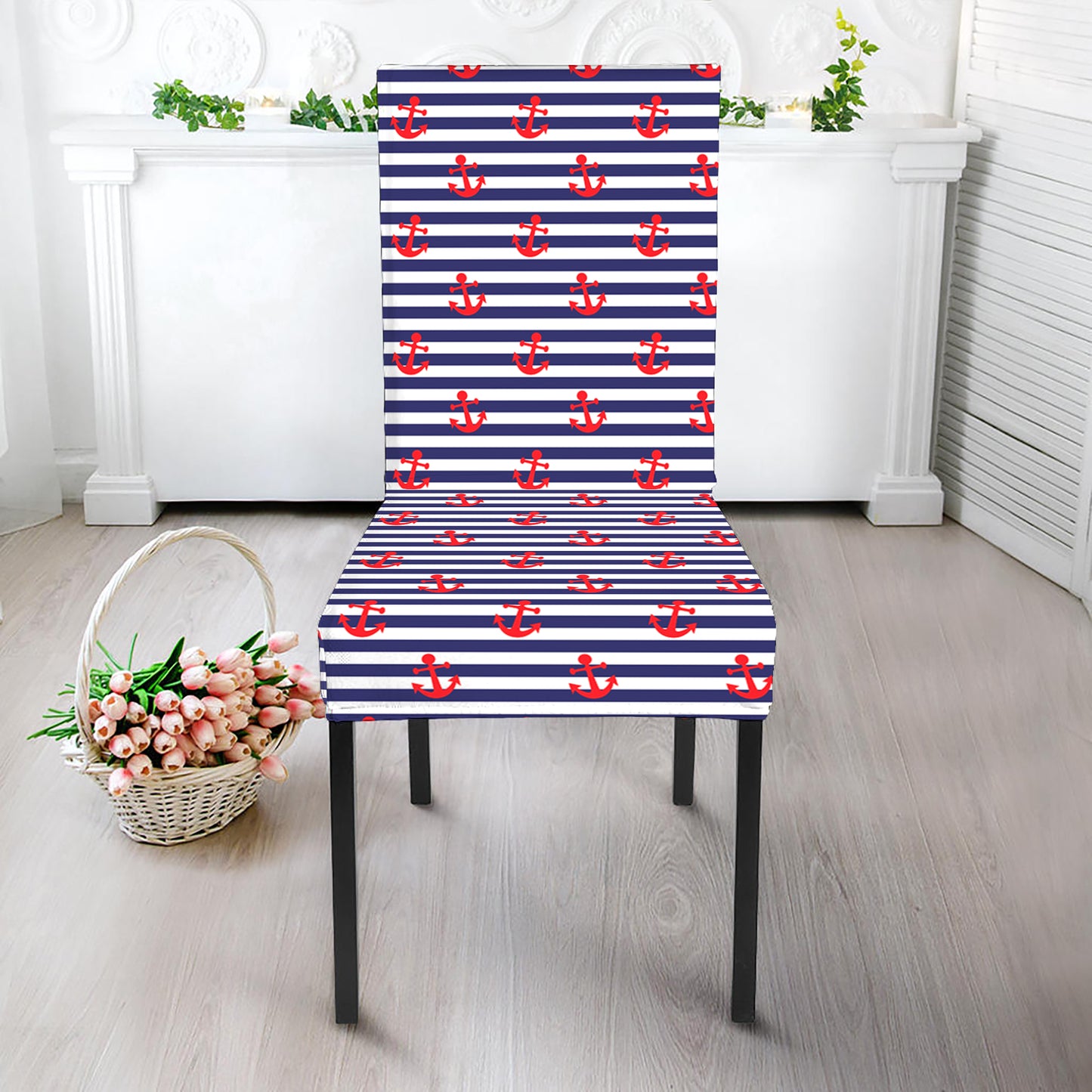 Blue Striped Nautical Anchor Print Dining Chair Slipcover