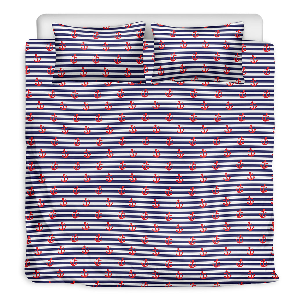 Blue Striped Nautical Anchor Print Duvet Cover Bedding Set