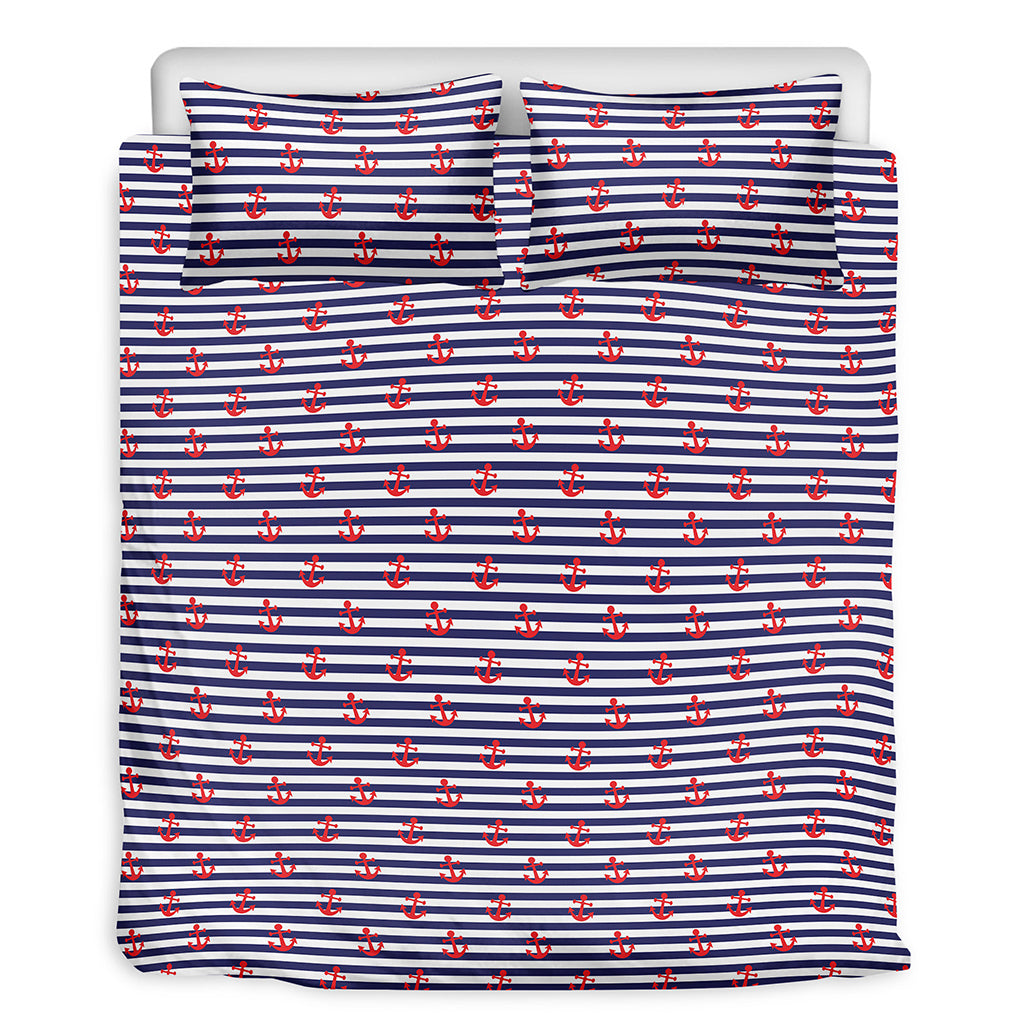Blue Striped Nautical Anchor Print Duvet Cover Bedding Set