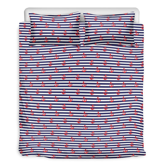 Blue Striped Nautical Anchor Print Duvet Cover Bedding Set