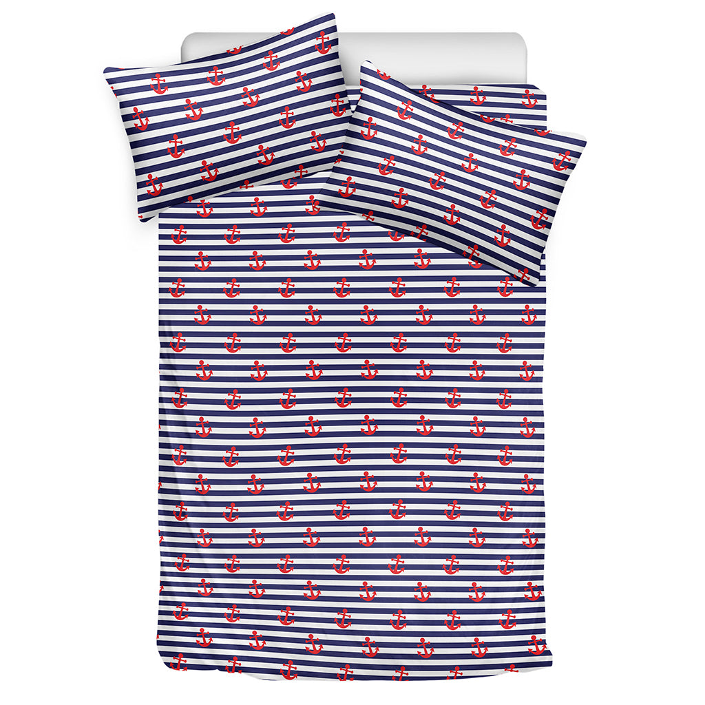 Blue Striped Nautical Anchor Print Duvet Cover Bedding Set