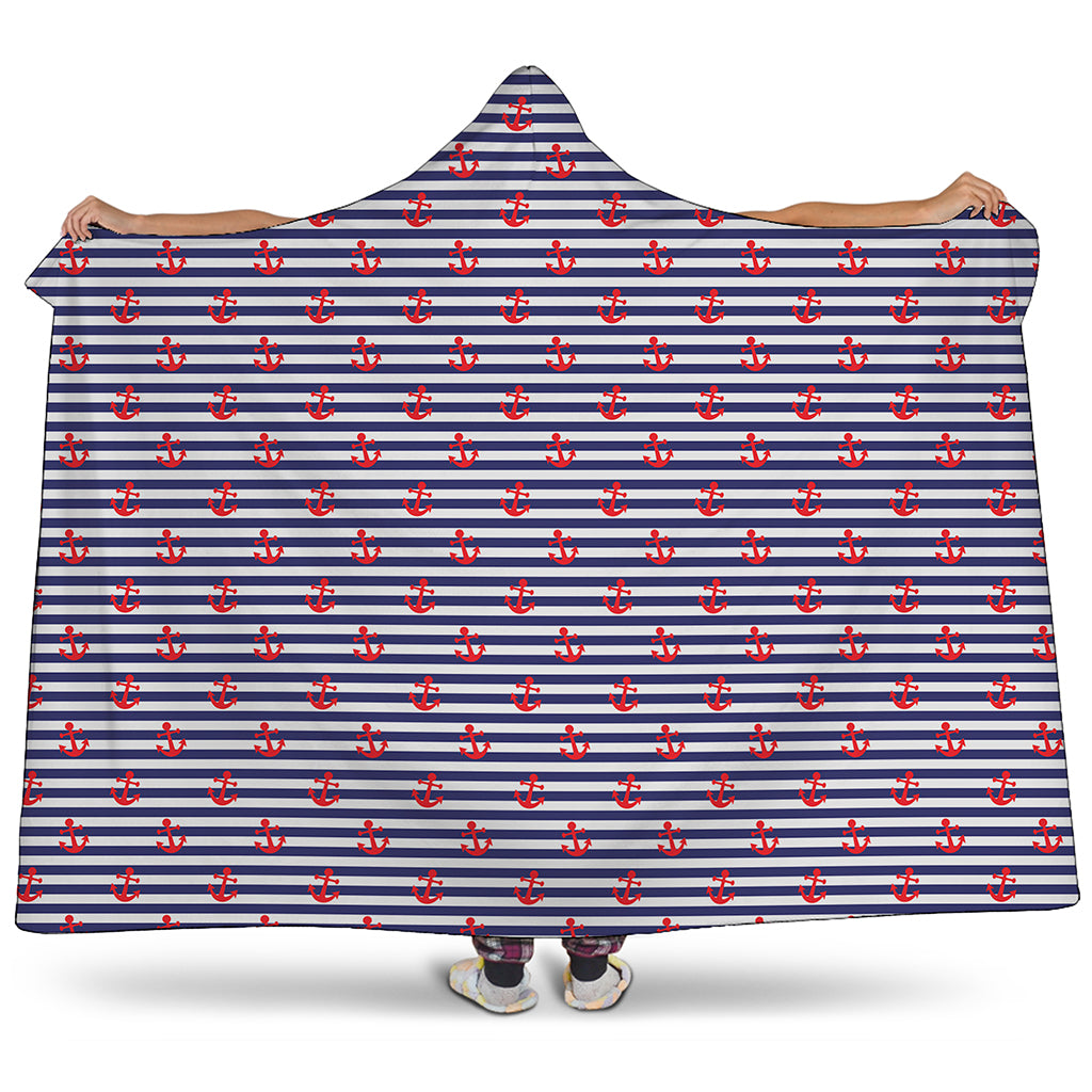 Blue Striped Nautical Anchor Print Hooded Blanket