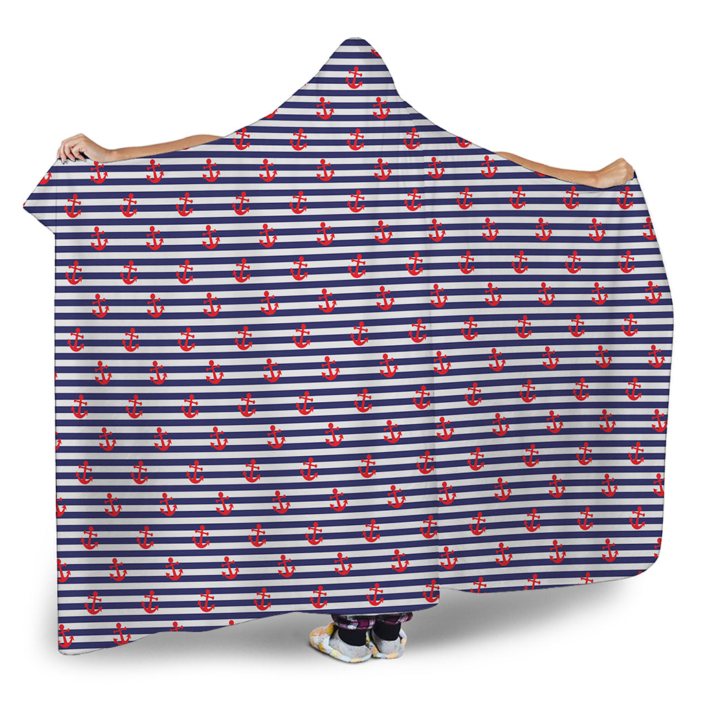 Blue Striped Nautical Anchor Print Hooded Blanket