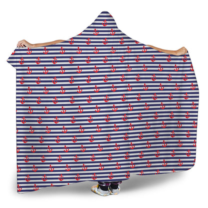 Blue Striped Nautical Anchor Print Hooded Blanket