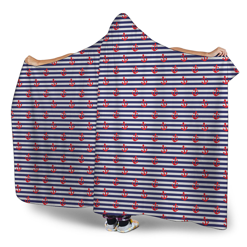 Blue Striped Nautical Anchor Print Hooded Blanket