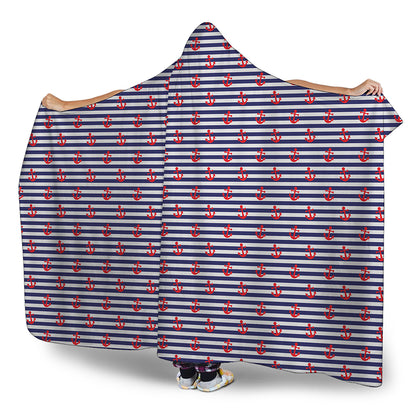 Blue Striped Nautical Anchor Print Hooded Blanket
