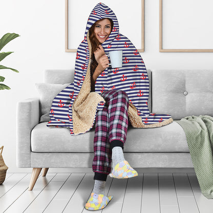 Blue Striped Nautical Anchor Print Hooded Blanket