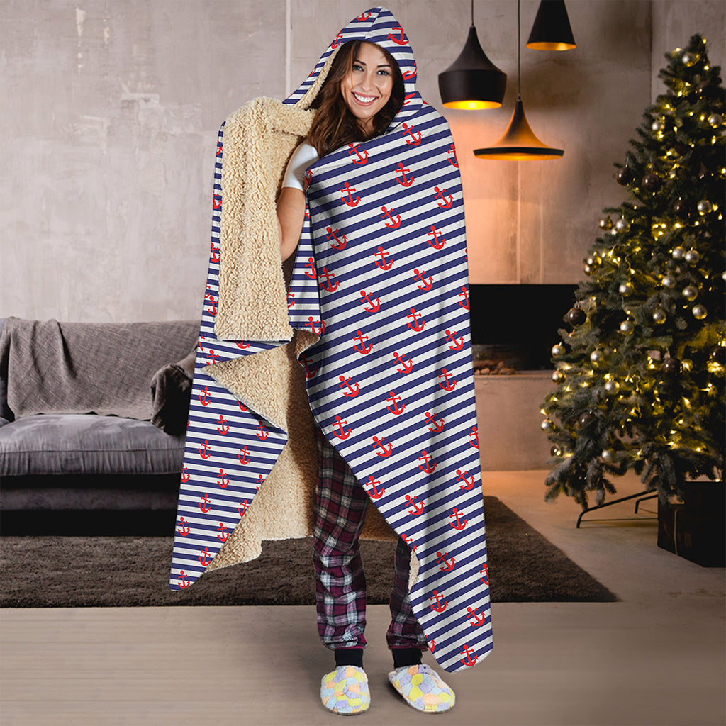 Blue Striped Nautical Anchor Print Hooded Blanket