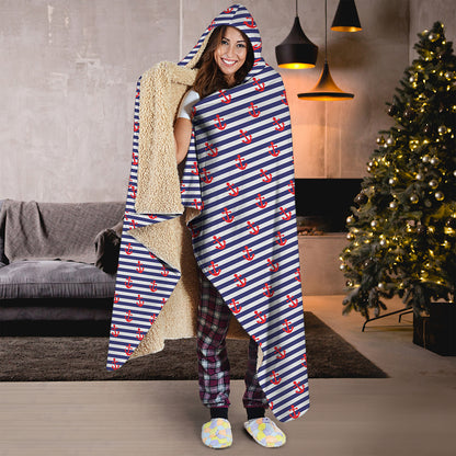 Blue Striped Nautical Anchor Print Hooded Blanket