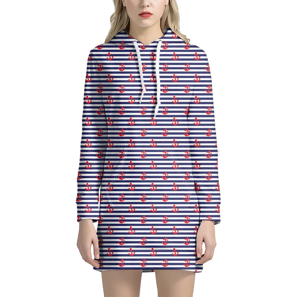 Blue Striped Nautical Anchor Print Hoodie Dress