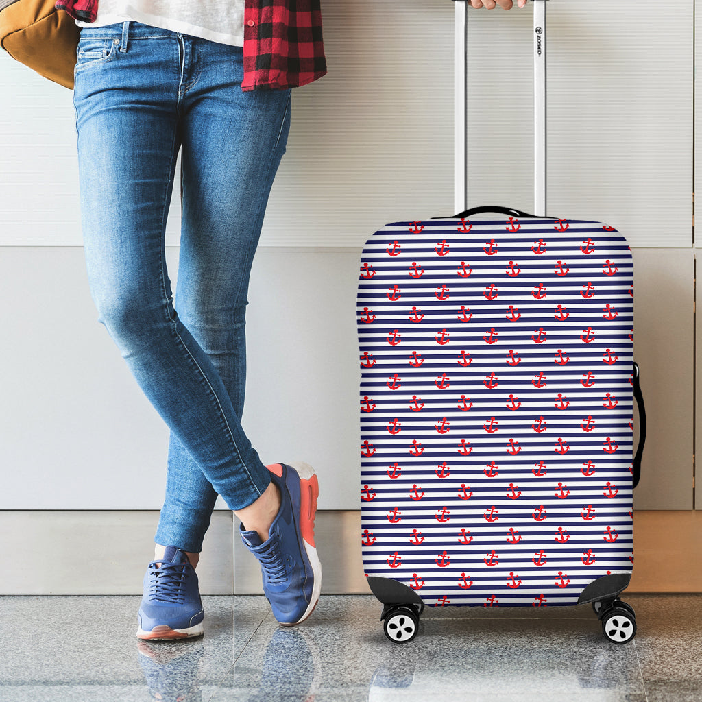 Blue Striped Nautical Anchor Print Luggage Cover