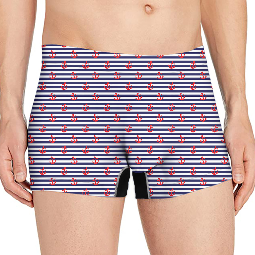 Blue Striped Nautical Anchor Print Men's Boxer Briefs