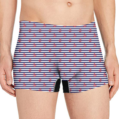 Blue Striped Nautical Anchor Print Men's Boxer Briefs