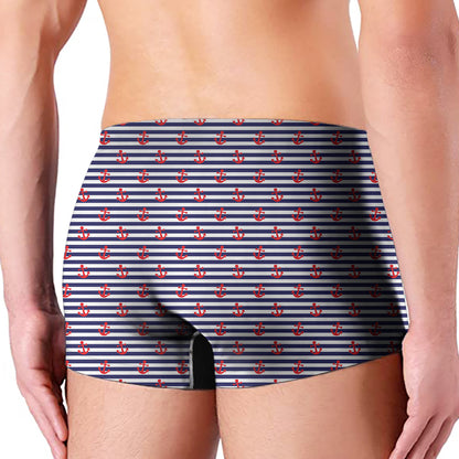 Blue Striped Nautical Anchor Print Men's Boxer Briefs