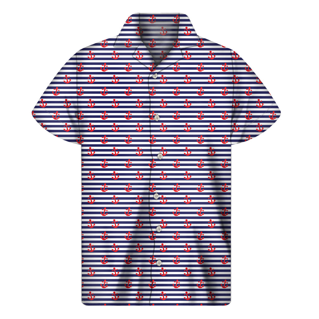 Blue Striped Nautical Anchor Print Men's Short Sleeve Shirt