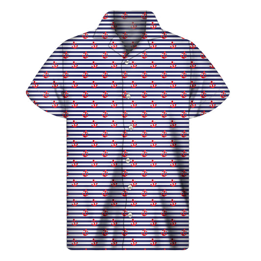 Blue Striped Nautical Anchor Print Men's Short Sleeve Shirt