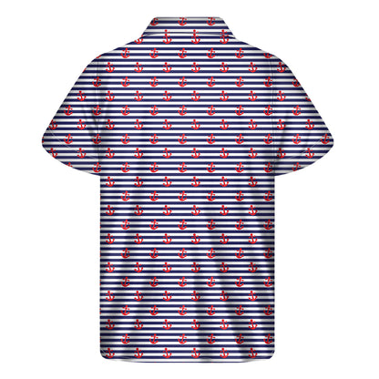 Blue Striped Nautical Anchor Print Men's Short Sleeve Shirt