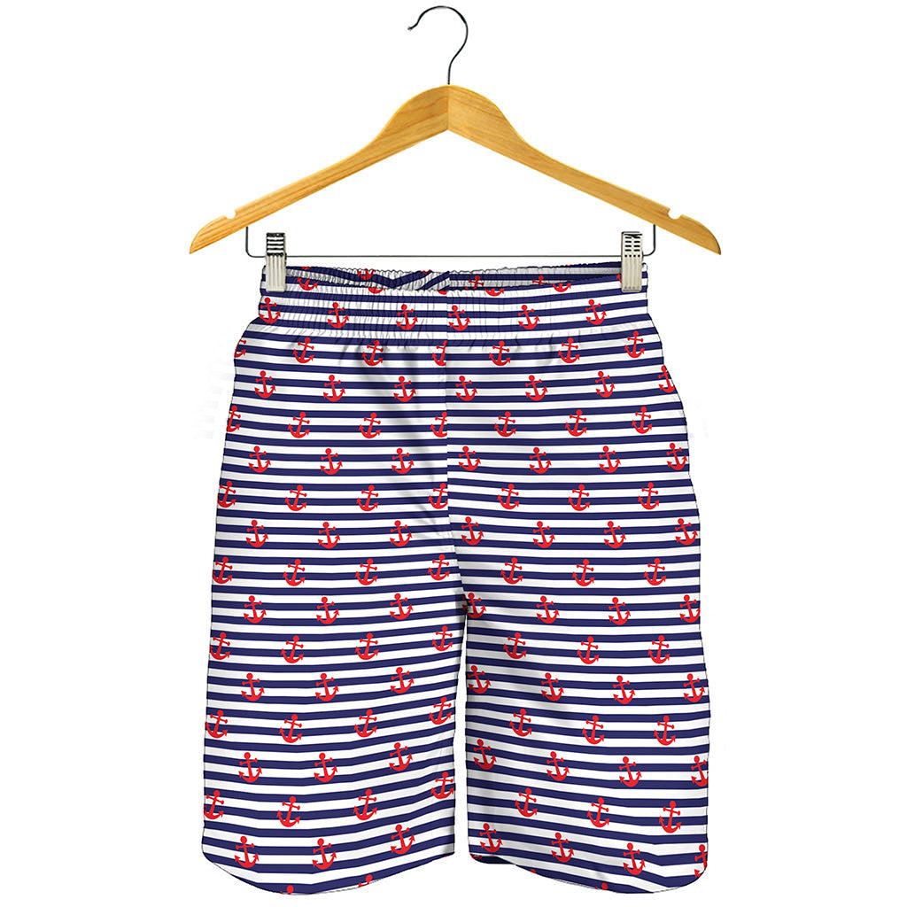 Blue Striped Nautical Anchor Print Men's Shorts