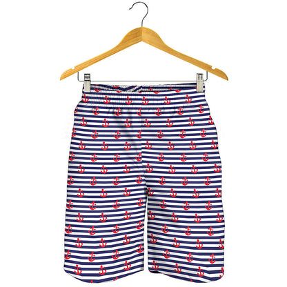 Blue Striped Nautical Anchor Print Men's Shorts