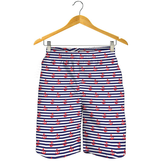 Blue Striped Nautical Anchor Print Men's Shorts