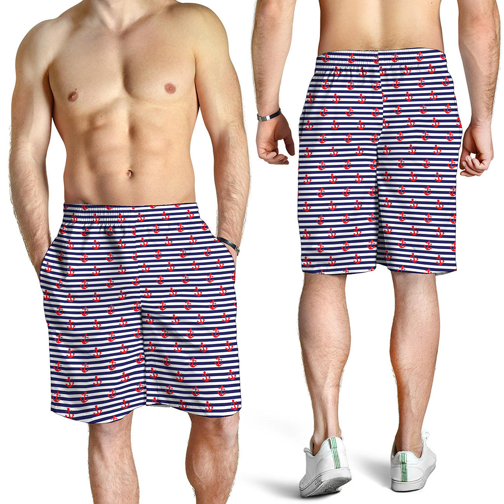 Blue Striped Nautical Anchor Print Men's Shorts