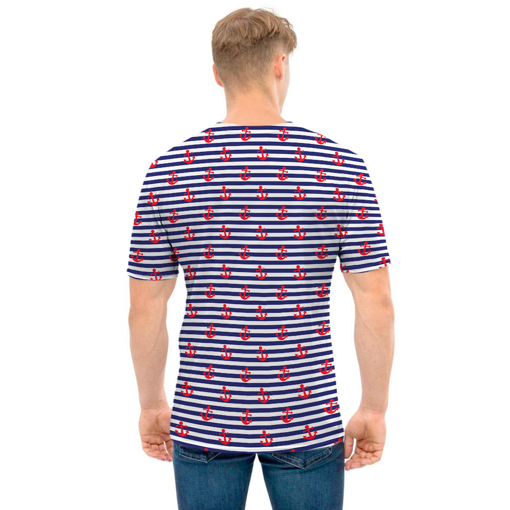 Blue Striped Nautical Anchor Print Men's T-Shirt