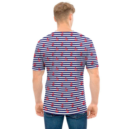 Blue Striped Nautical Anchor Print Men's T-Shirt