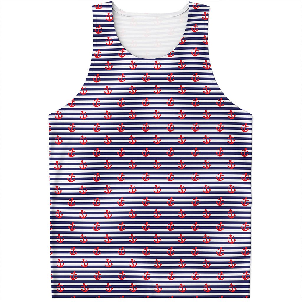 Blue Striped Nautical Anchor Print Men's Tank Top