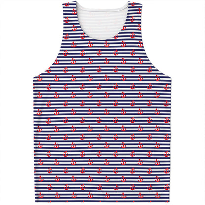 Blue Striped Nautical Anchor Print Men's Tank Top
