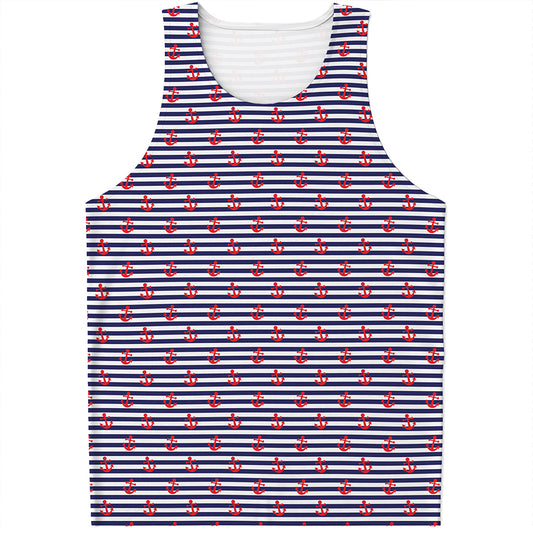 Blue Striped Nautical Anchor Print Men's Tank Top